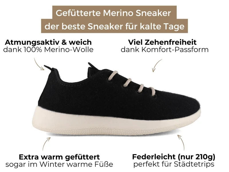 Merino Woll-Sneaker - gefüttert, schwarz