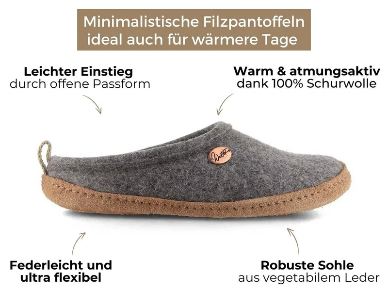 Tundra leichte Filzpantoffeln aus 100% Wolle, hellgrau