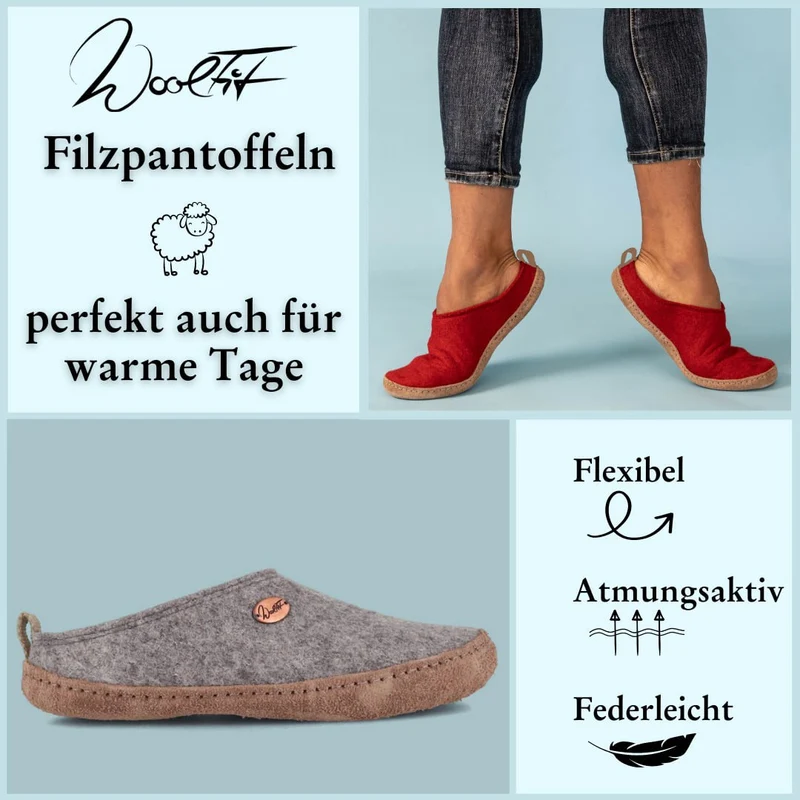 Tundra leichte Filzpantoffeln aus 100% Wolle, hellgrau
