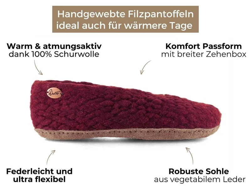 Woolies handgewebte Hausschuhe, bordo