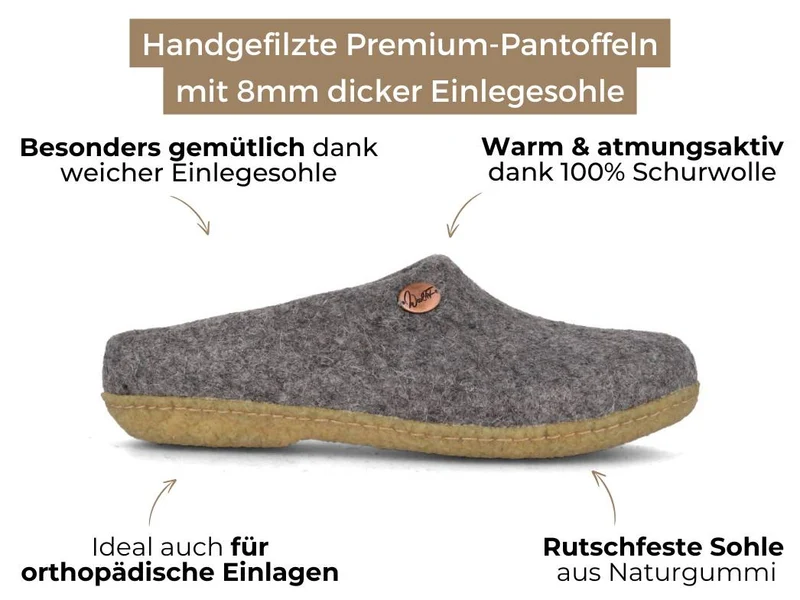 Filzpantoffeln mit Einlagen & Gummisohle Classic, hellgrau
