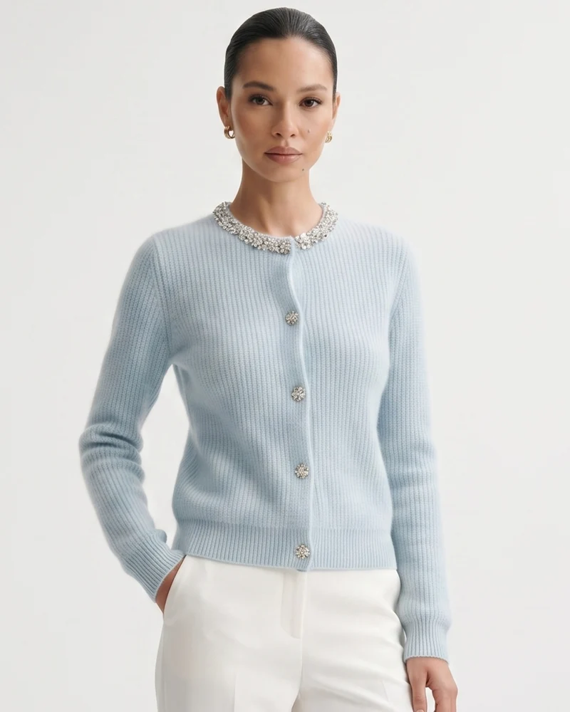 Round Neck Cashmere Knitted Diamond Cardigan
