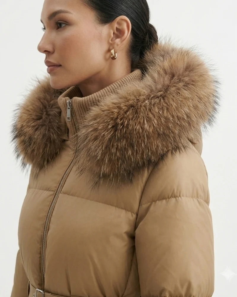 Goose Down Coat Raccoon Fur Hood Trim Warm Parka