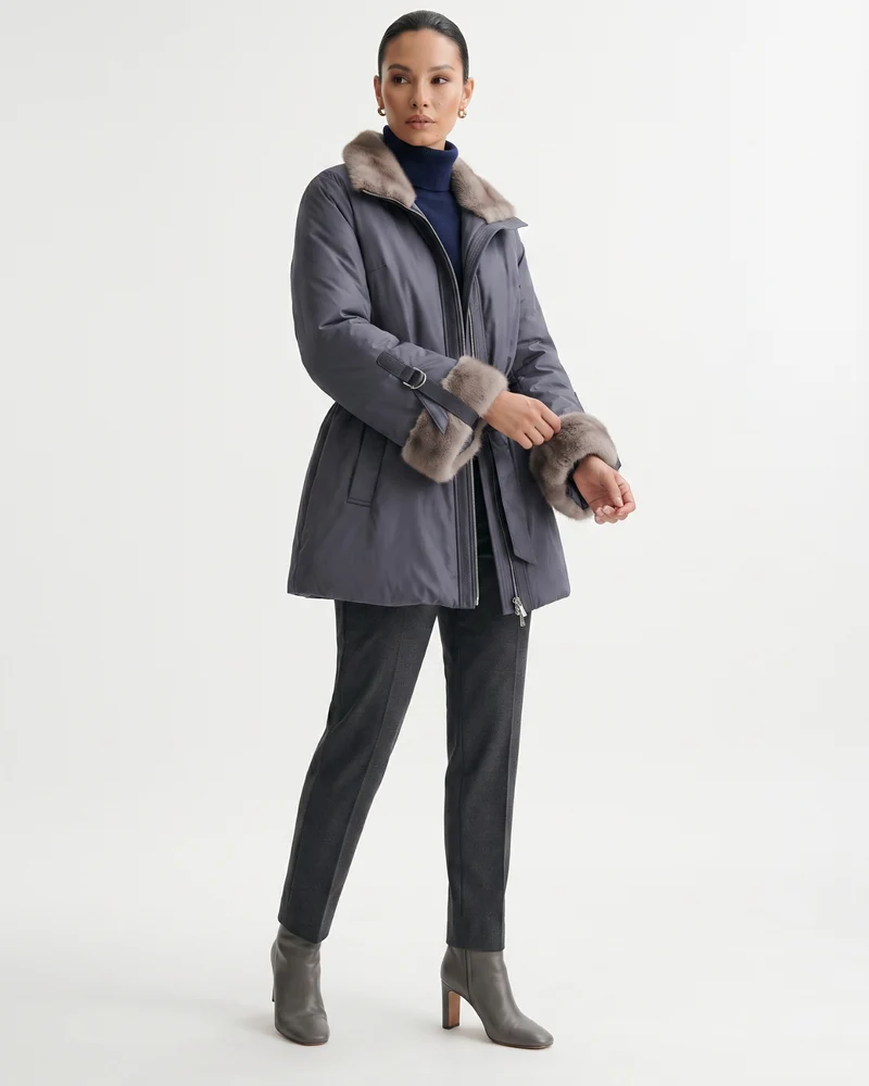 Kira Real Mink Fur Collar Coat Belted Thick Warm