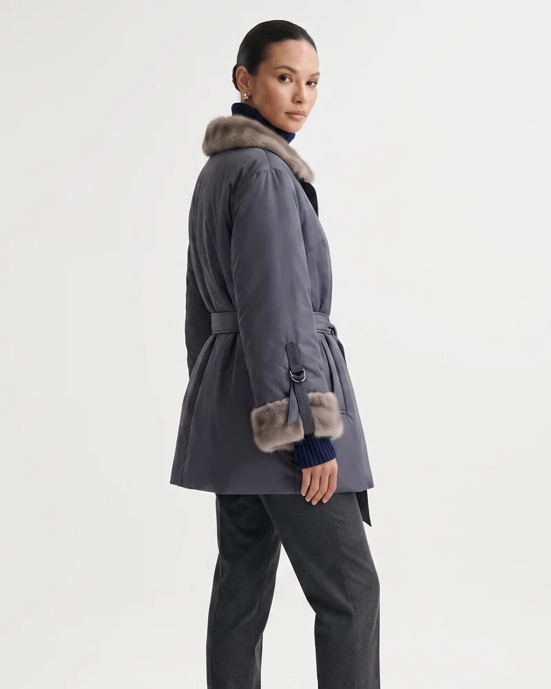 Kira Real Mink Fur Collar Coat Belted Thick Warm