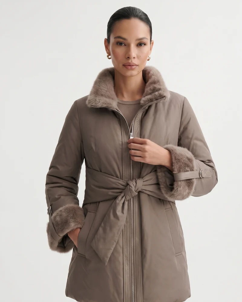 Kira Real Mink Fur Collar Coat Belted Thick Warm