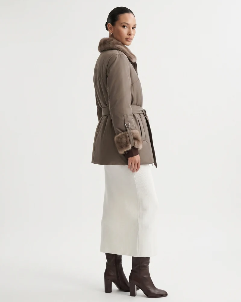 Kira Real Mink Fur Collar Coat Belted Thick Warm