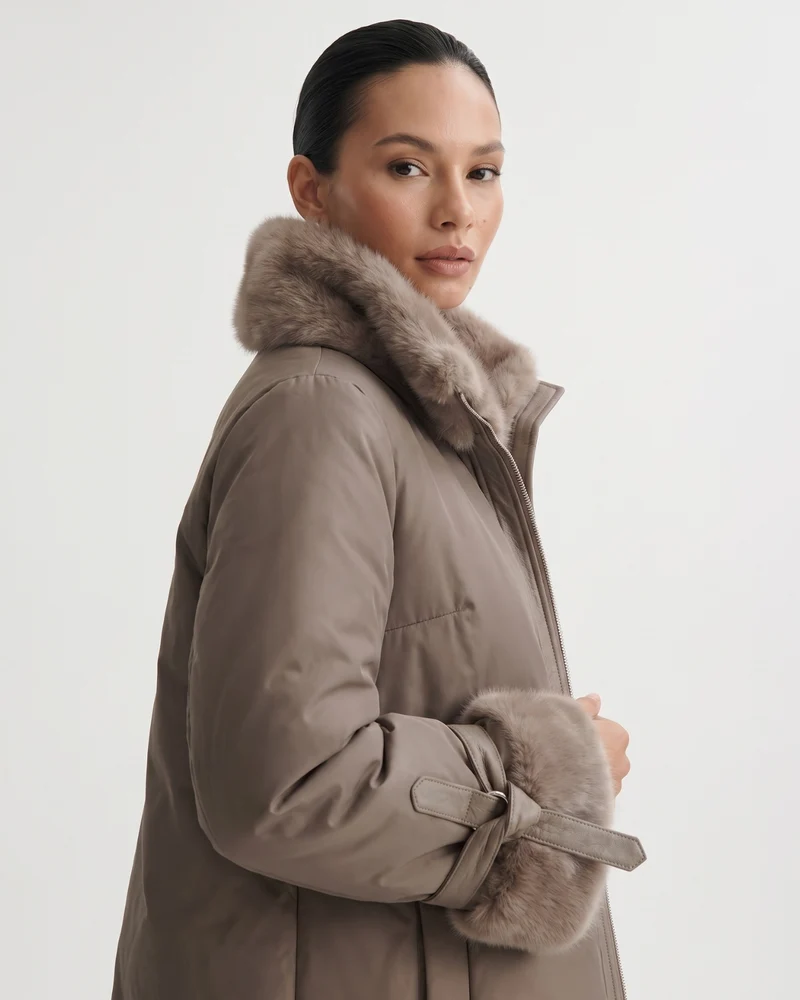 Kira Real Mink Fur Collar Coat Belted Thick Warm