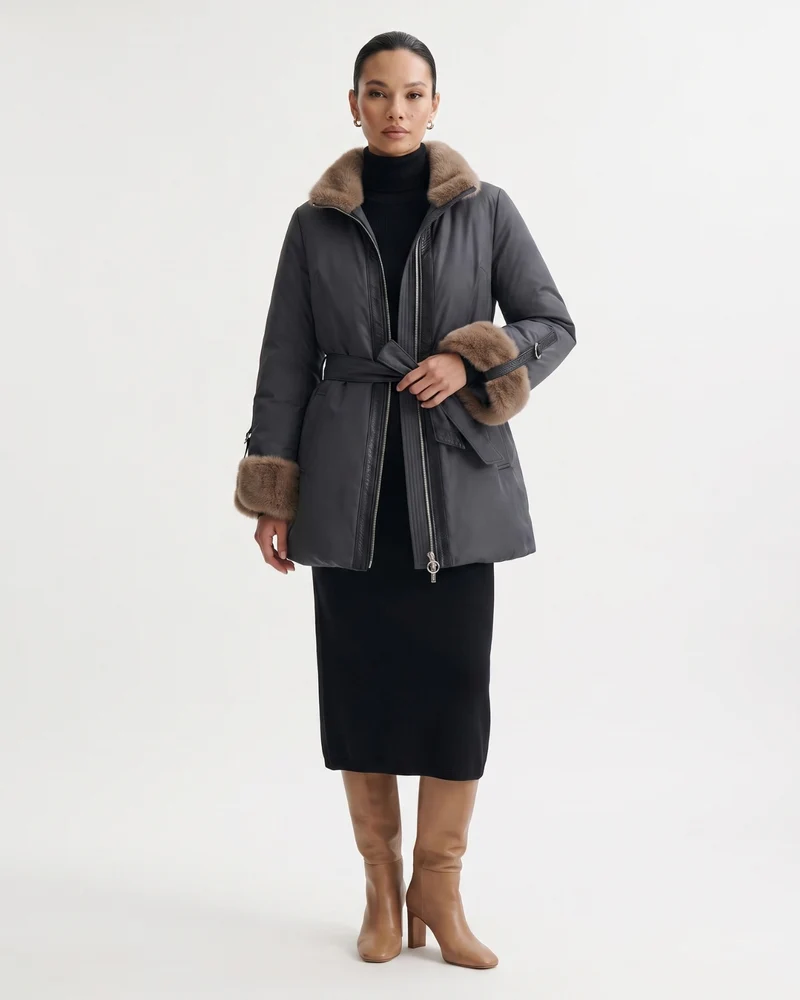 Kira Real Mink Fur Collar Coat Belted Thick Warm