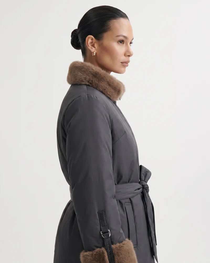 Kira Real Mink Fur Collar Coat Belted Thick Warm