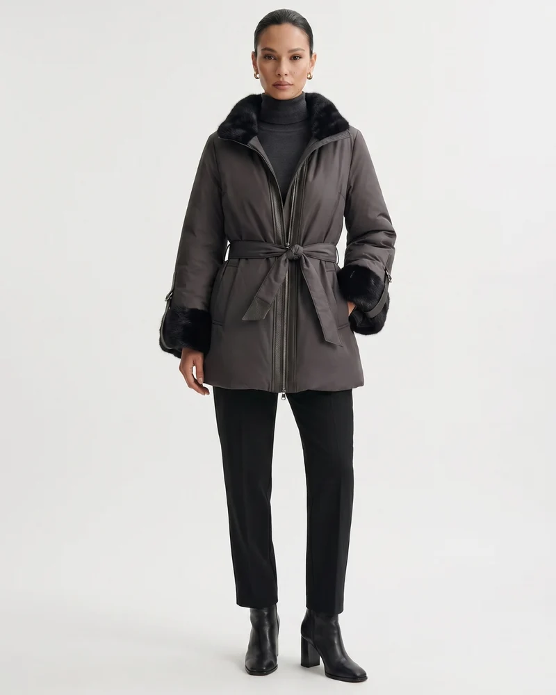 Kira Real Mink Fur Collar Coat Belted Thick Warm