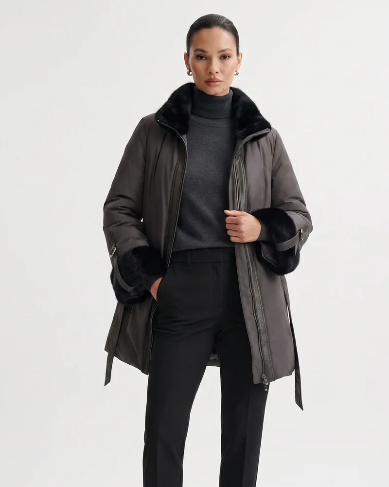 Kira Real Mink Fur Collar Coat Belted Thick Warm