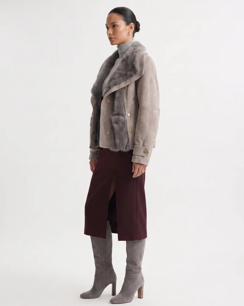 Goose Down Jacket Fur-Integrated Suede Short Coat