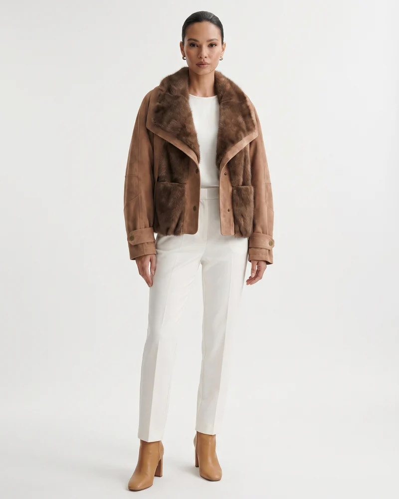 Goose Down Jacket Fur-Integrated Suede Short Coat