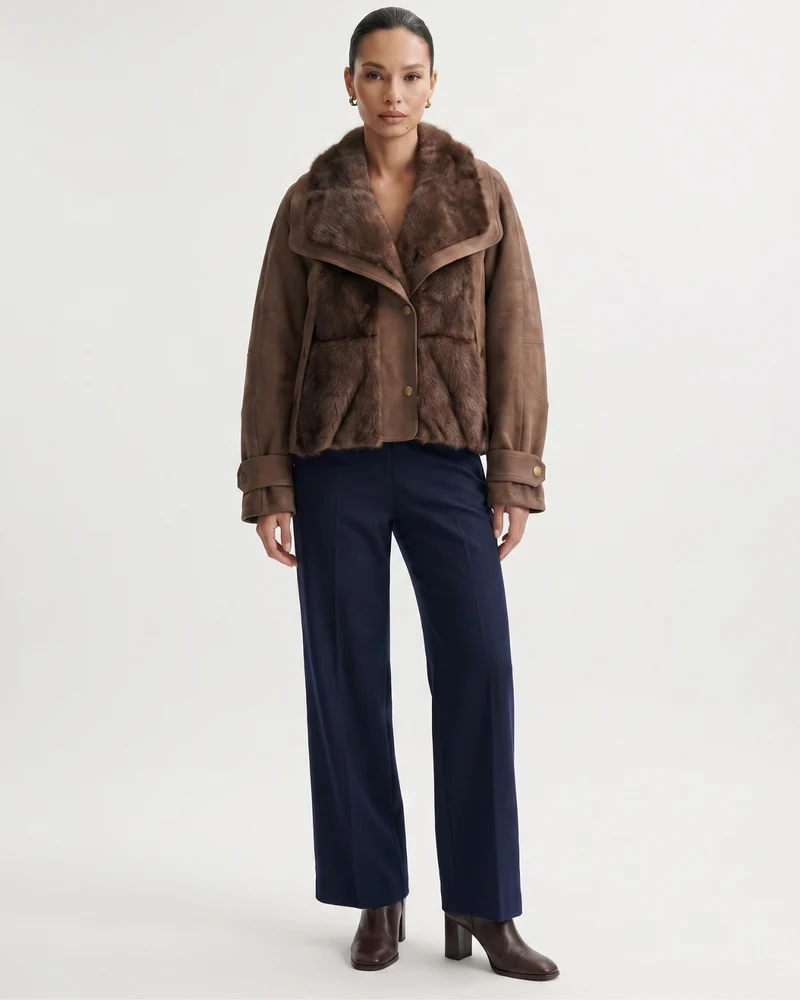 Goose Down Jacket Fur-Integrated Suede Short Coat
