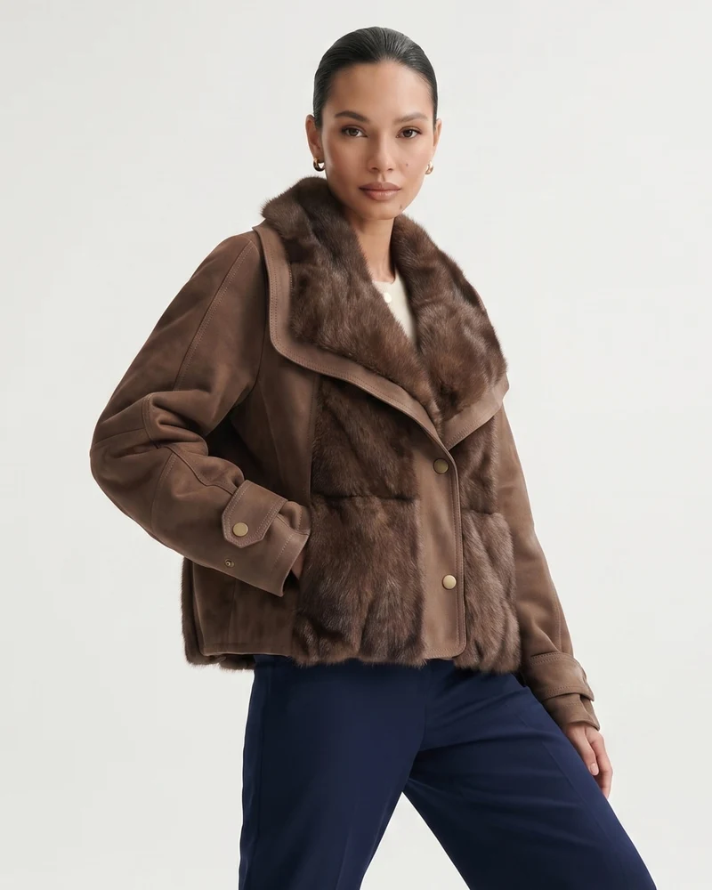 Goose Down Jacket Fur-Integrated Suede Short Coat