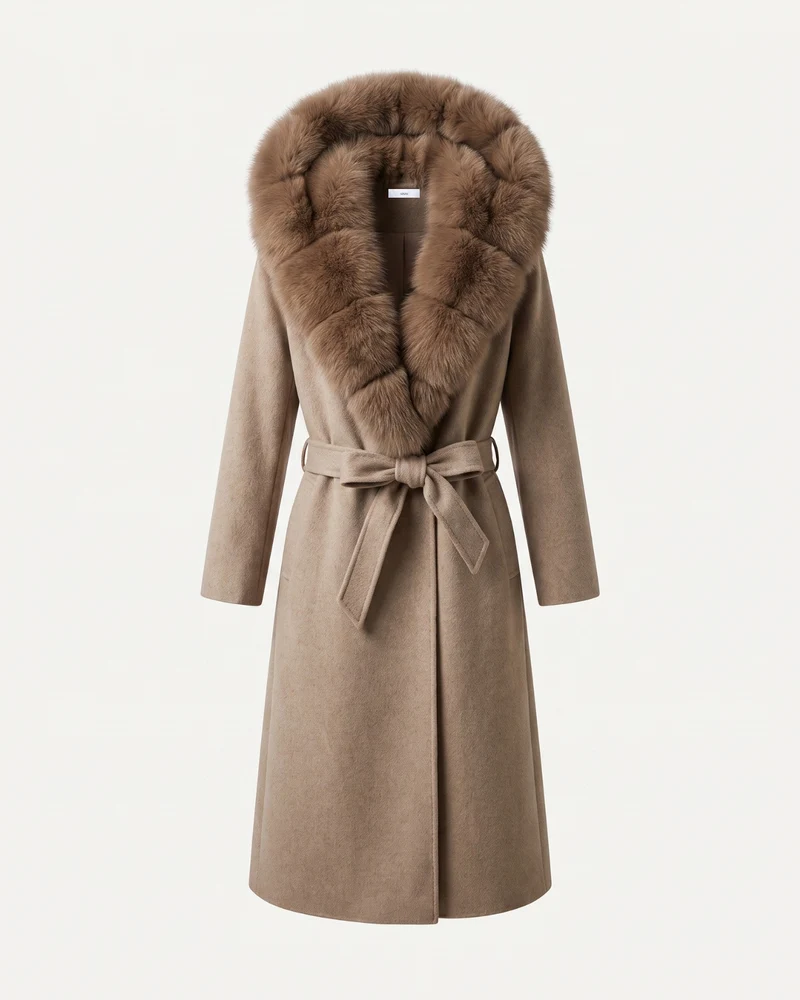 Nevada Wool Coat Real Fox Fur Collar Long Belted
