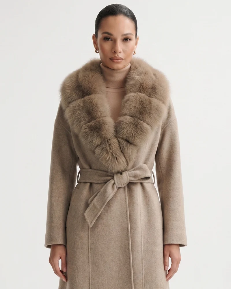 Nevada Wool Coat Real Fox Fur Collar Long Belted