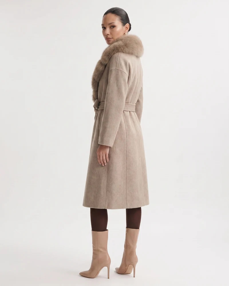 Nevada Wool Coat Real Fox Fur Collar Long Belted