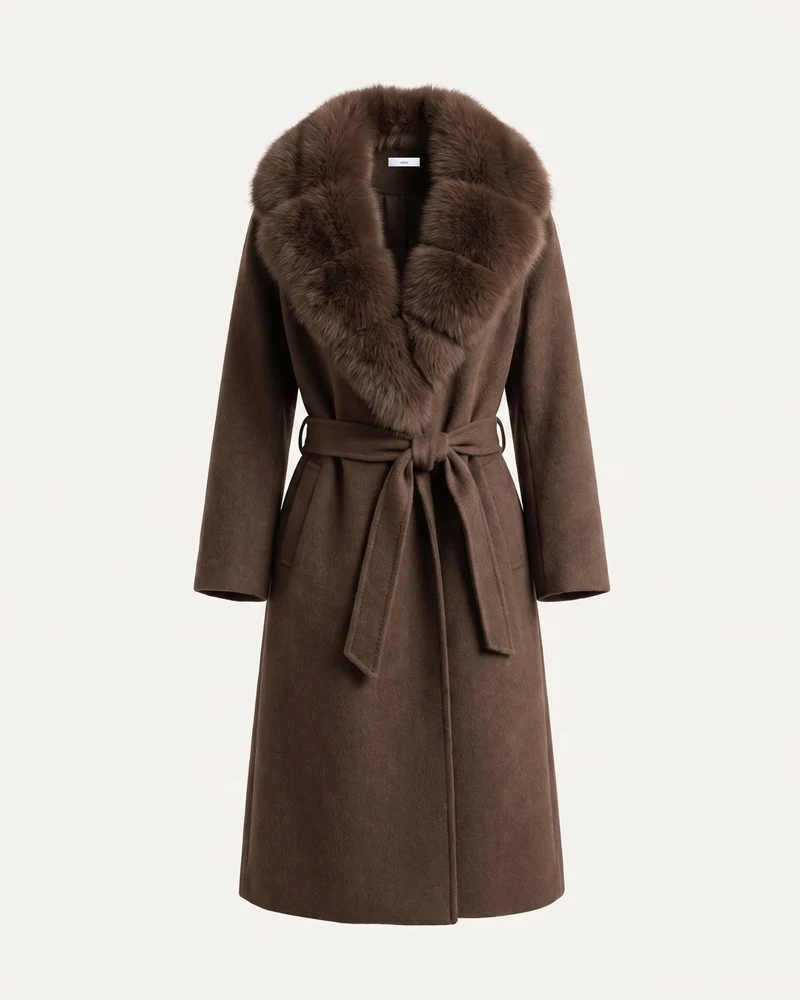 Nevada Wool Coat Real Fox Fur Collar Long Belted