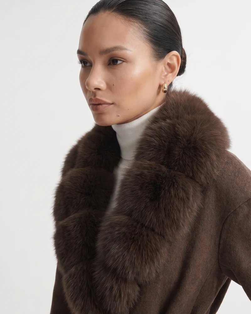 Nevada Wool Coat Real Fox Fur Collar Long Belted