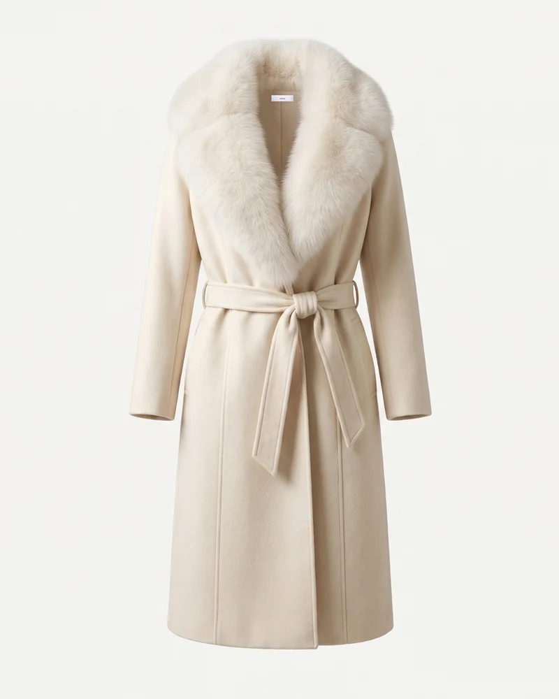 Nevada Wool Coat Real Fox Fur Collar Long Belted