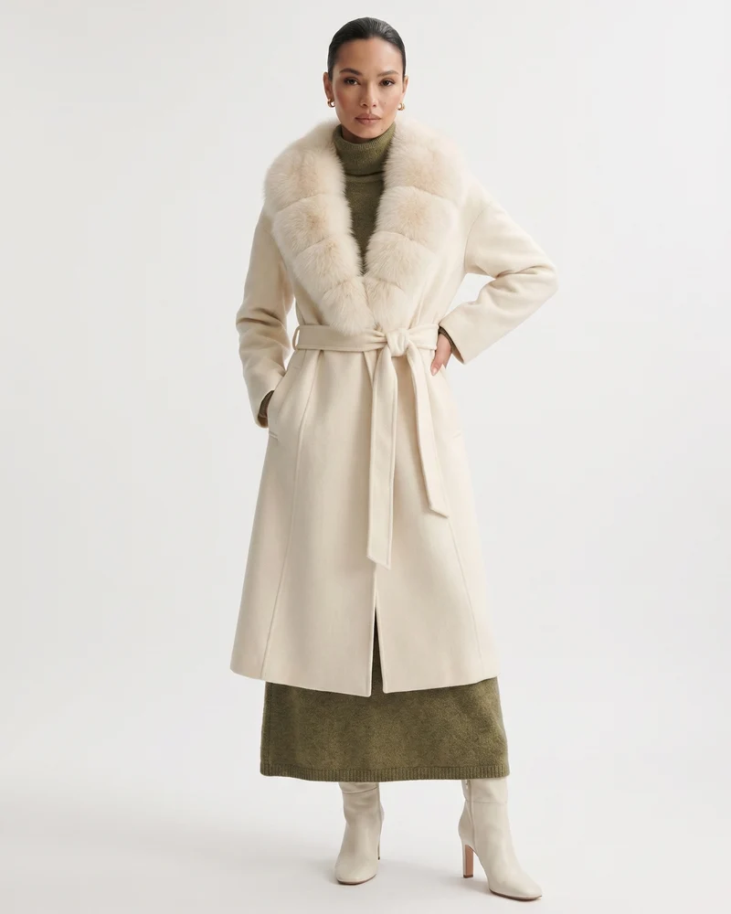 Nevada Wool Coat Real Fox Fur Collar Long Belted