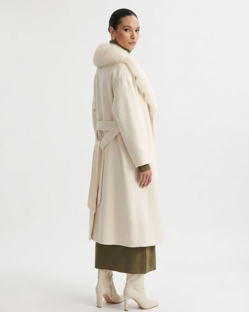 Nevada Wool Coat Real Fox Fur Collar Long Belted