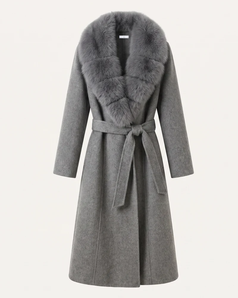Nevada Wool Coat Real Fox Fur Collar Long Belted