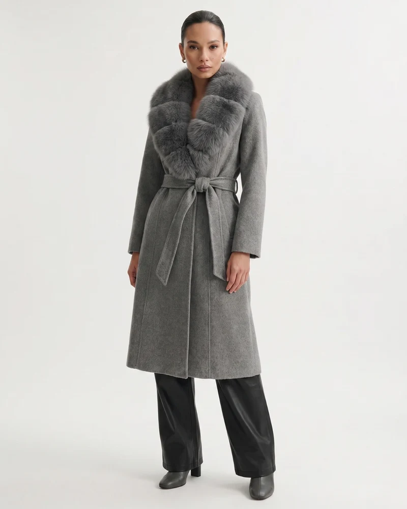 Nevada Wool Coat Real Fox Fur Collar Long Belted