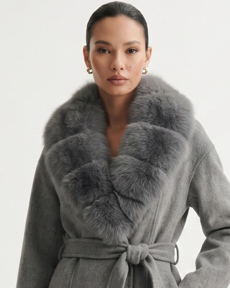 Nevada Wool Coat Real Fox Fur Collar Long Belted