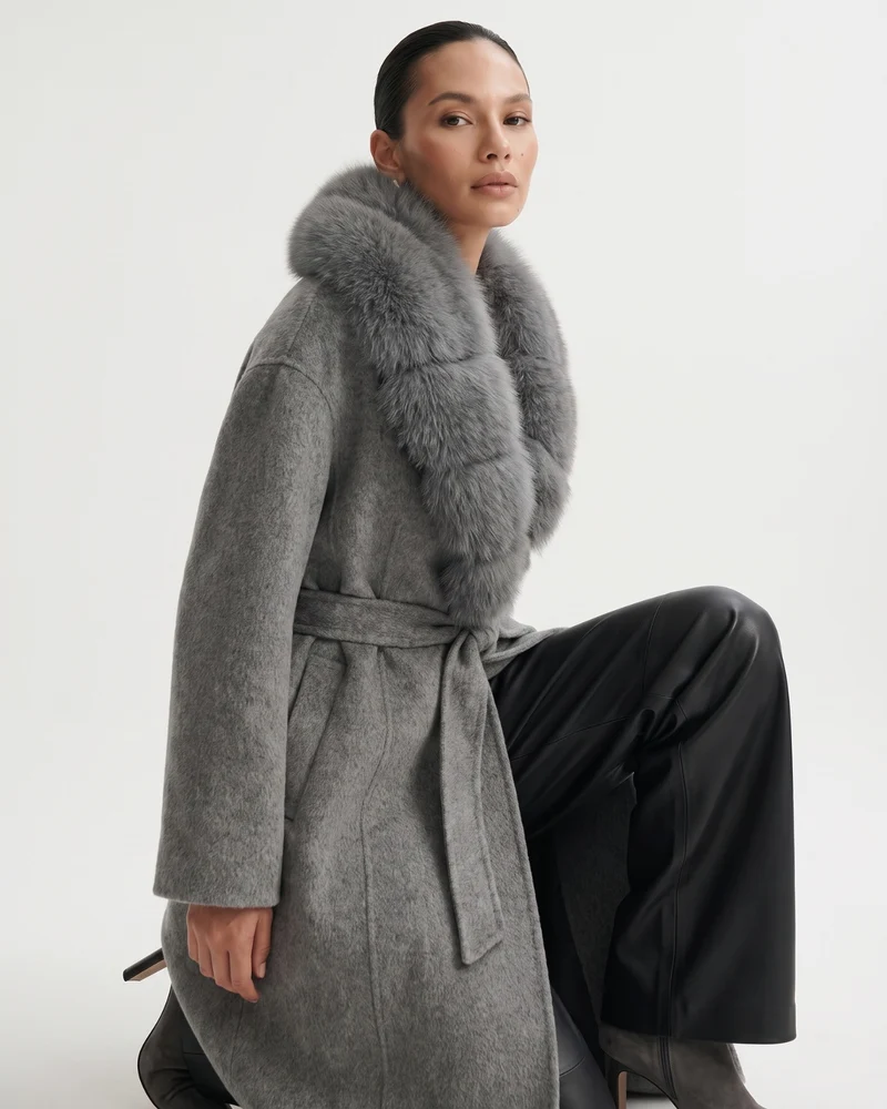 Nevada Wool Coat Real Fox Fur Collar Long Belted