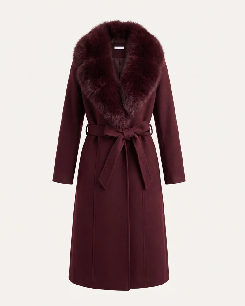 Nevada Wool Coat Real Fox Fur Collar Long Belted