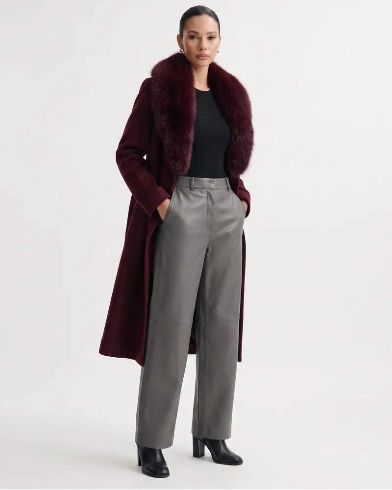 Nevada Wool Coat Real Fox Fur Collar Long Belted