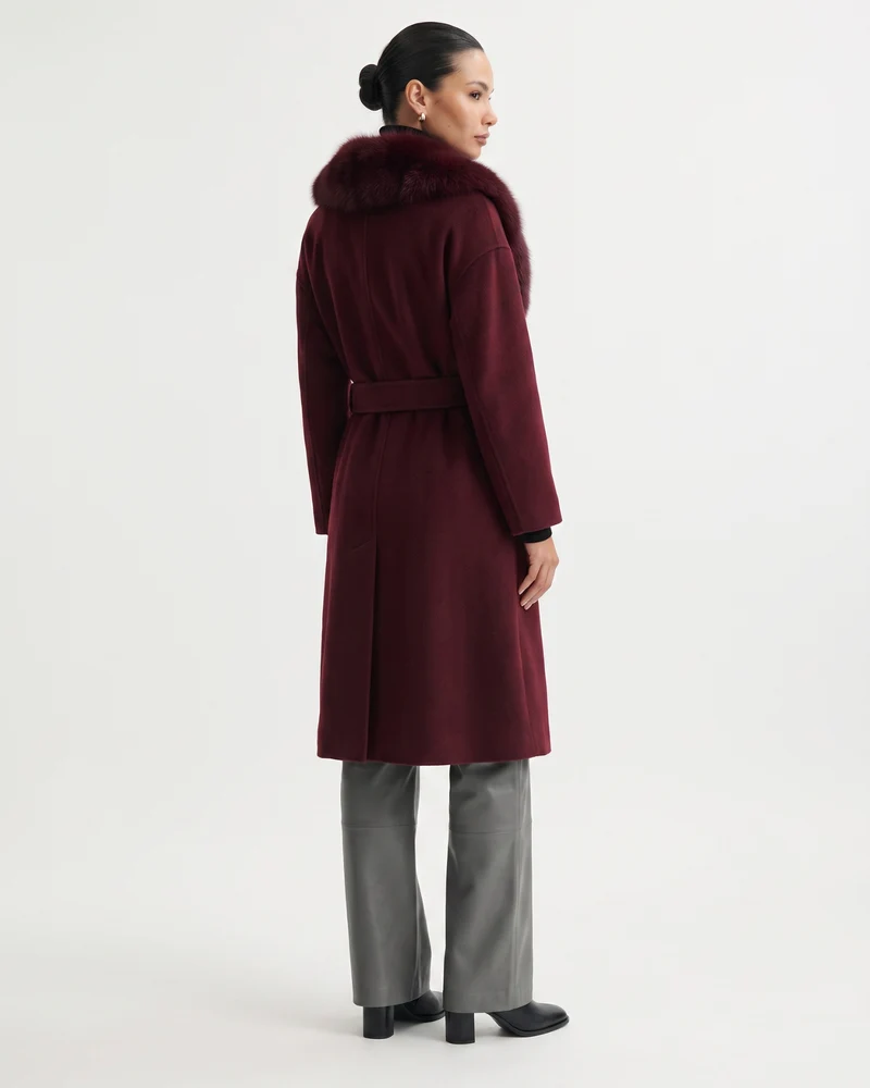 Nevada Wool Coat Real Fox Fur Collar Long Belted