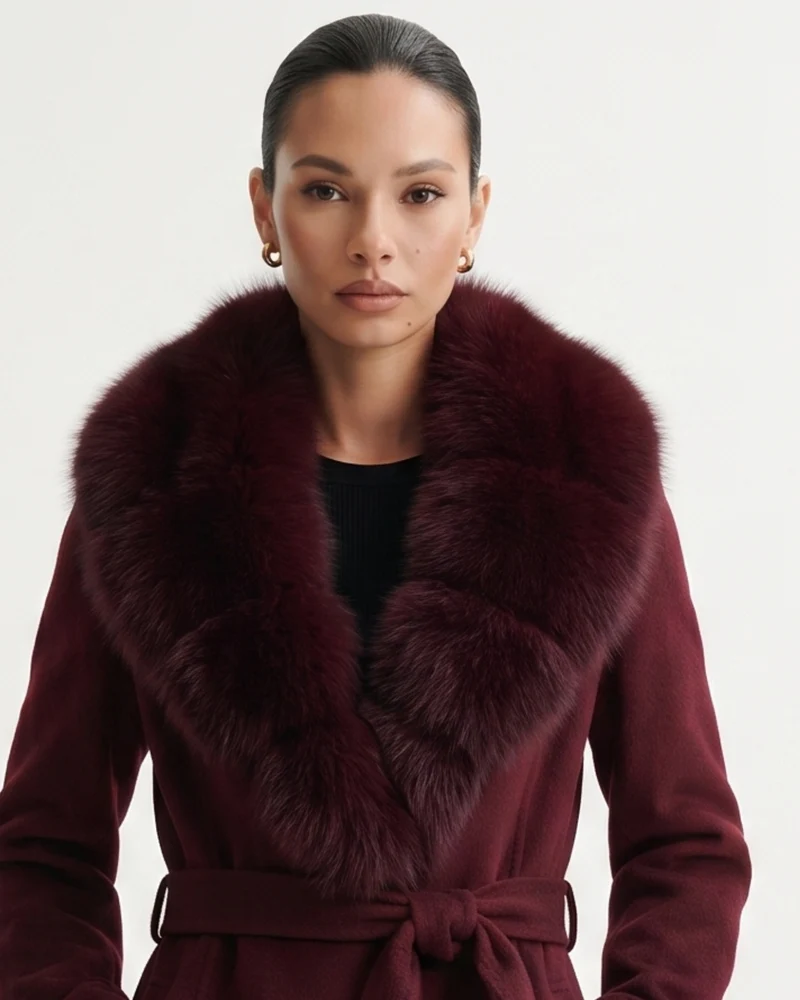 Nevada Wool Coat Real Fox Fur Collar Long Belted