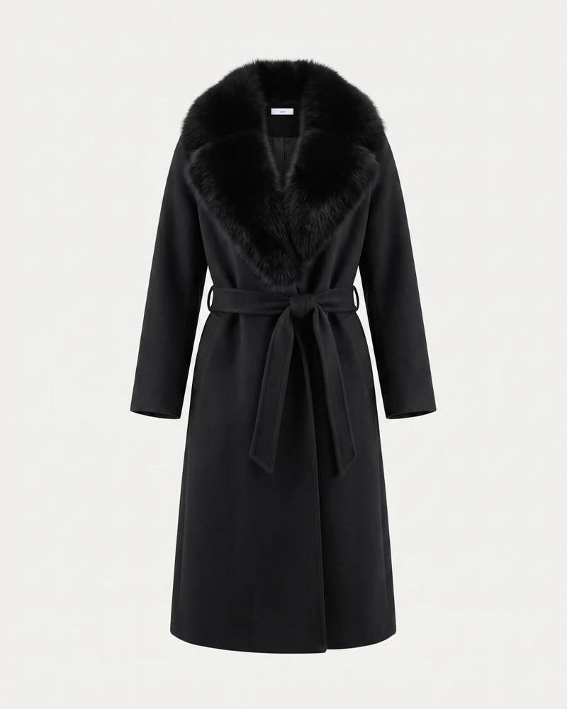 Nevada Wool Coat Real Fox Fur Collar Long Belted