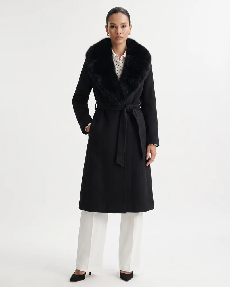 Nevada Wool Coat Real Fox Fur Collar Long Belted