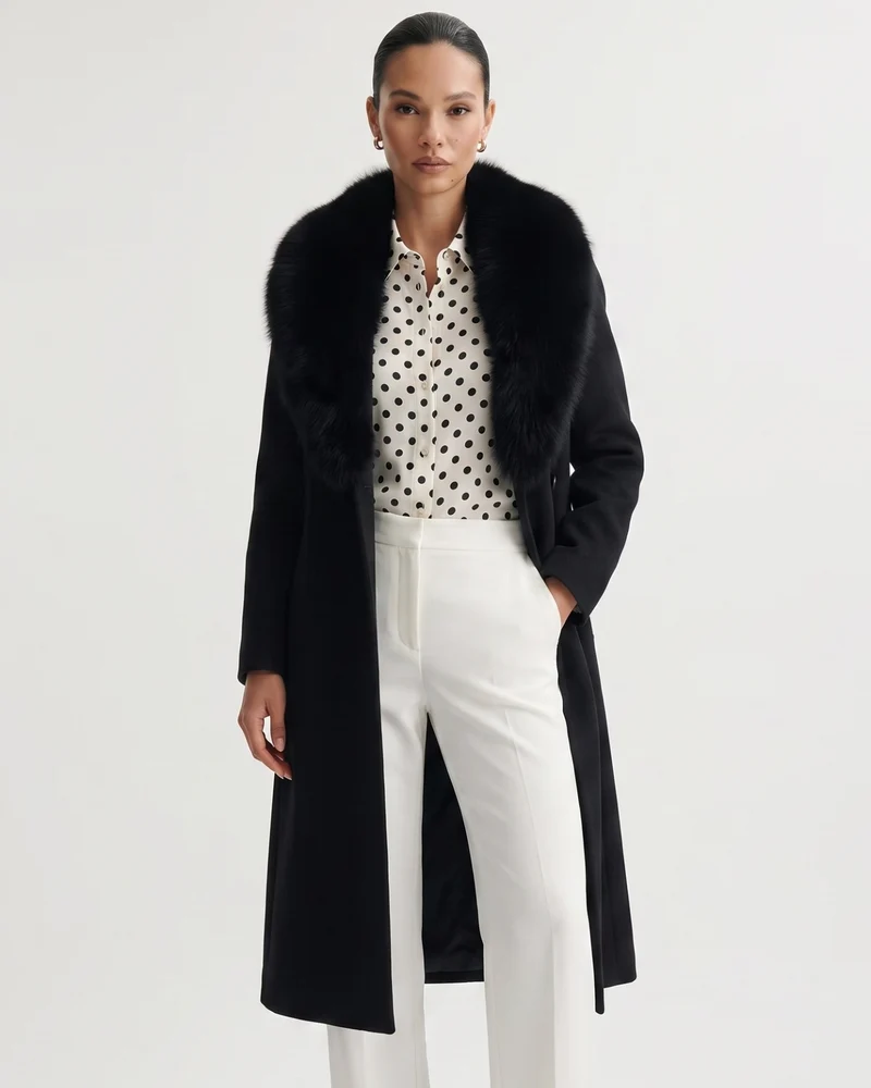 Nevada Wool Coat Real Fox Fur Collar Long Belted