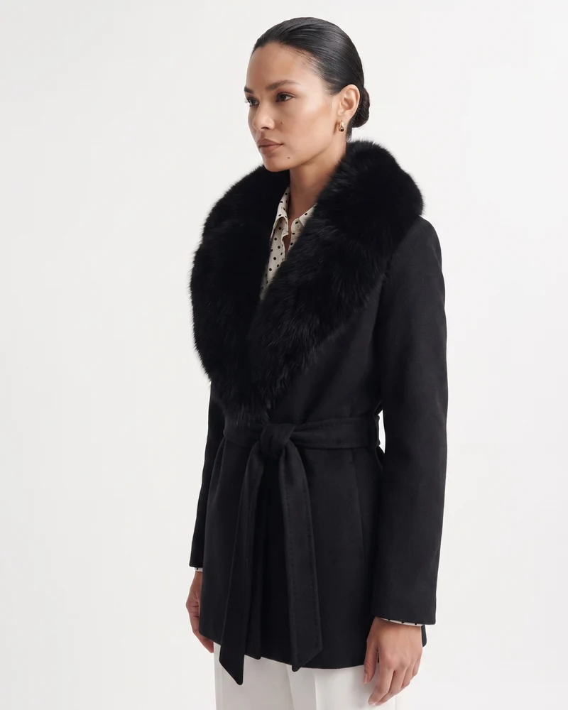 Nevada Wool Coat Real Fox Fur Collar Long Belted
