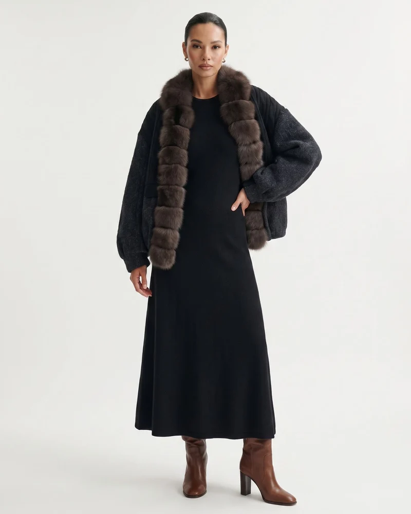 Woolen Knitted Natural Real Fox Fur Collar down Jacket