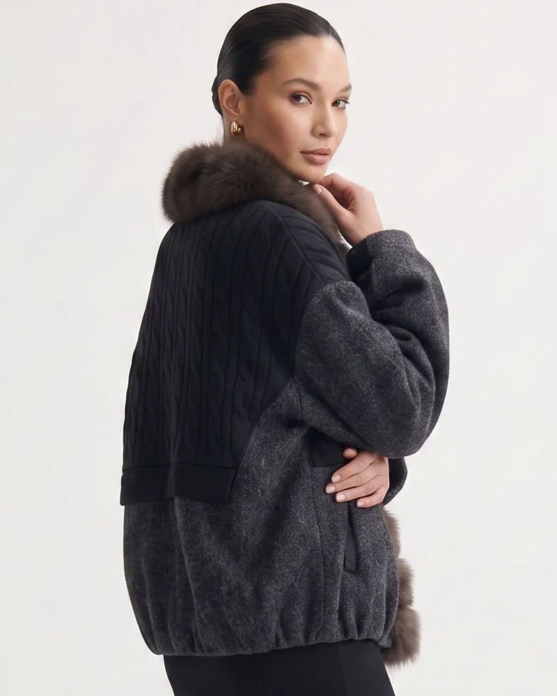 Woolen Knitted Natural Real Fox Fur Collar down Jacket
