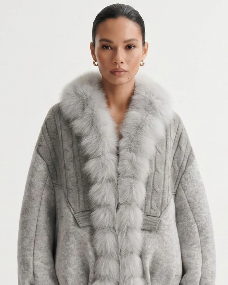 Woolen Knitted Natural Real Fox Fur Collar down Jacket