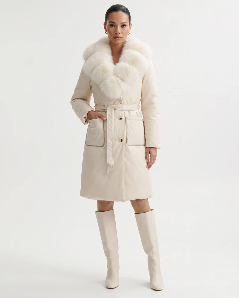 Long Down Jacket Fox Fur Collar Belted Thick Winter Coat