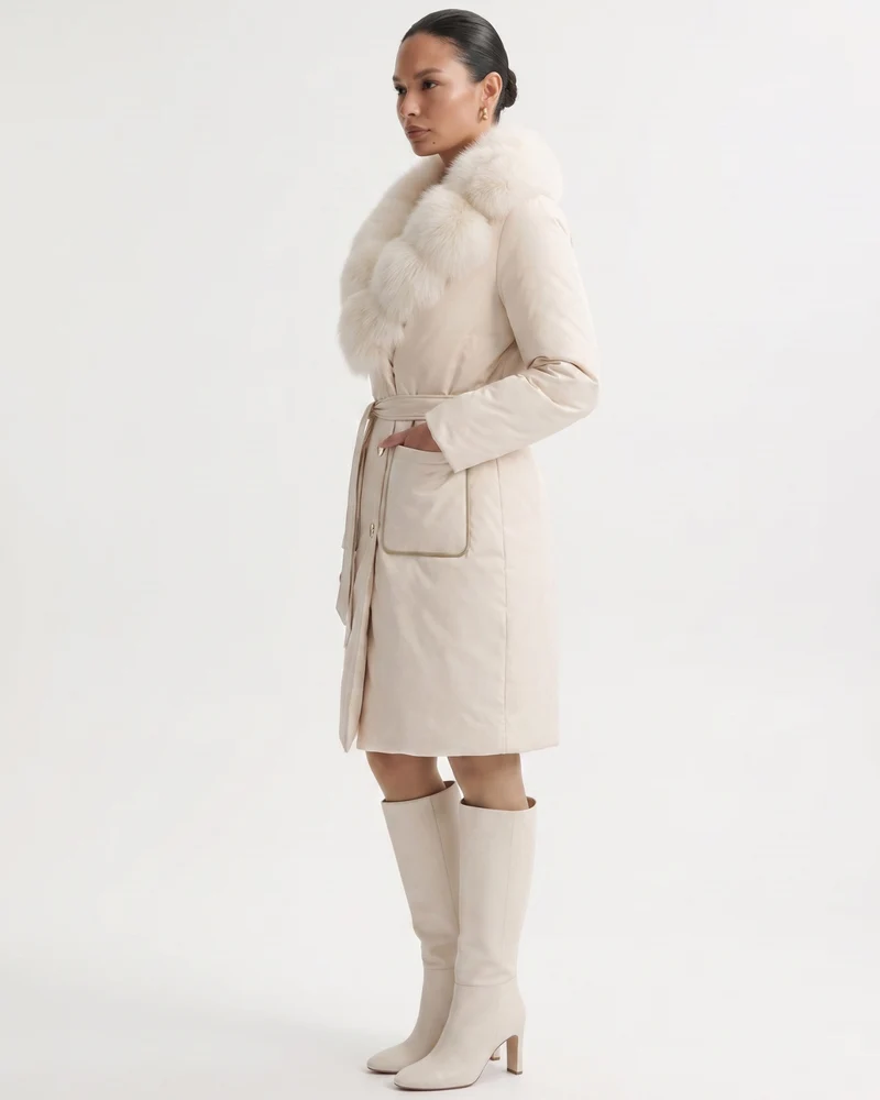 Long Down Jacket Fox Fur Collar Belted Thick Winter Coat