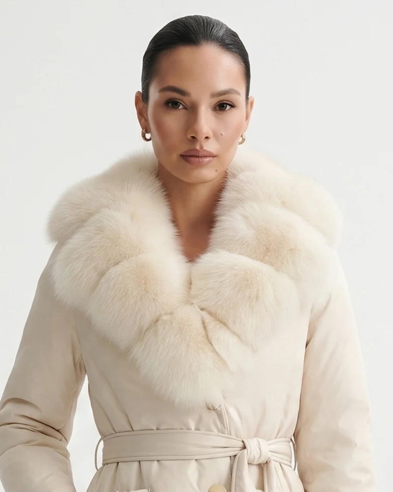 Long Down Jacket Fox Fur Collar Belted Thick Winter Coat