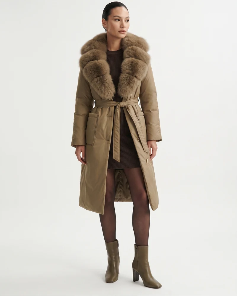 Long Down Jacket Fox Fur Collar Belted Thick Winter Coat