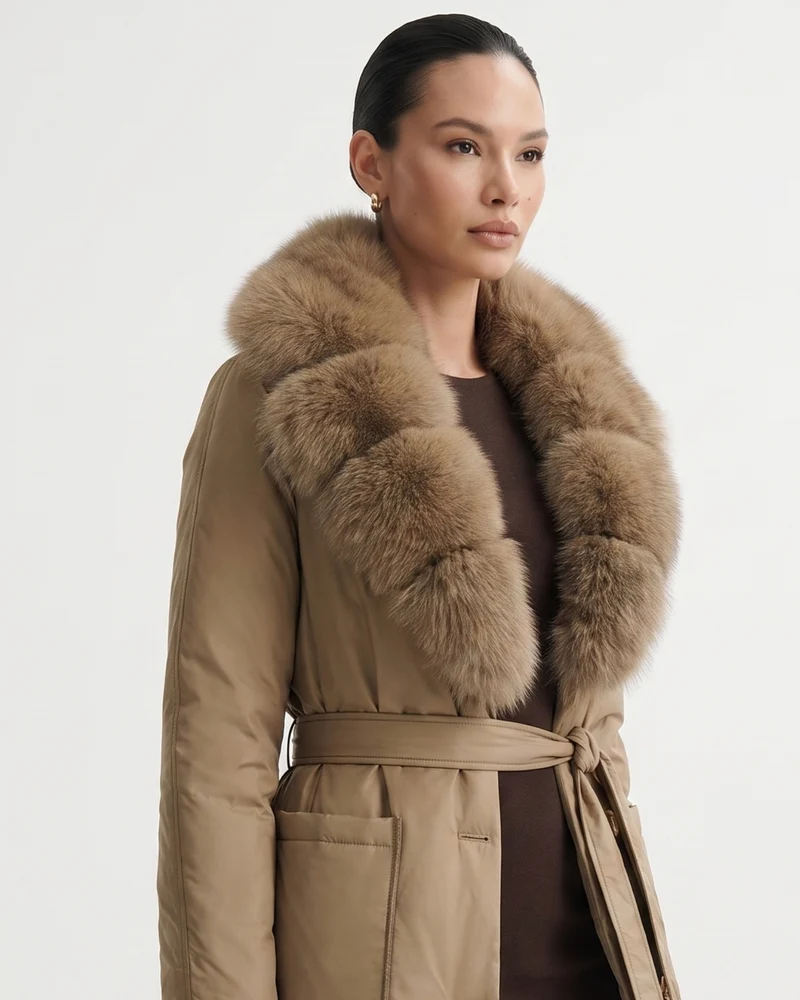 Long Down Jacket Fox Fur Collar Belted Thick Winter Coat