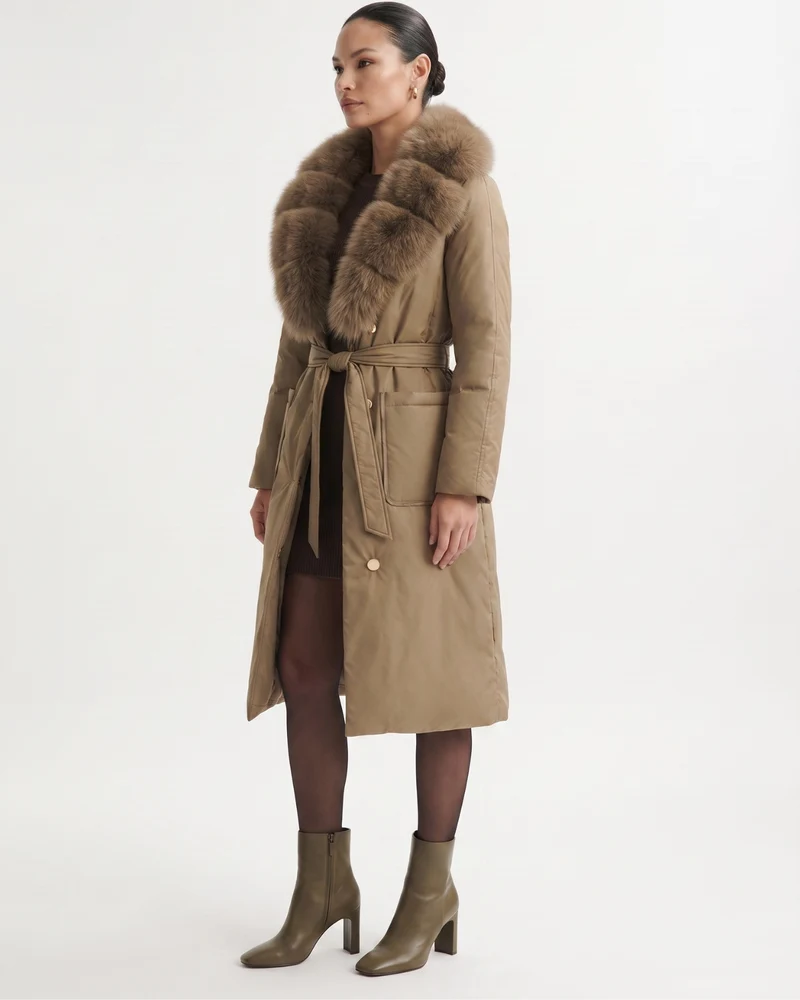 Long Down Jacket Fox Fur Collar Belted Thick Winter Coat