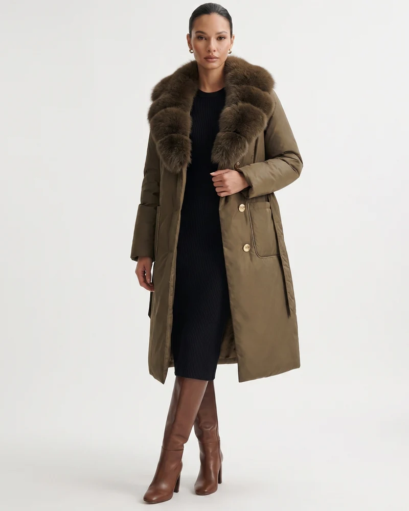 Long Down Jacket Fox Fur Collar Belted Thick Winter Coat